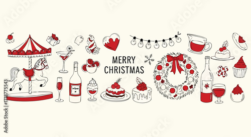 Celebrate the holidays with festive Christmas icons, cakes, drinks, and merry wishes, perfect for seasonal design and joyful promotions