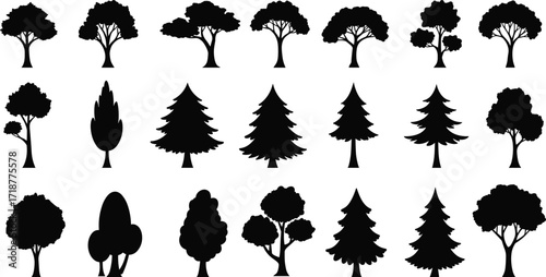 Tree silhouette vector icons, black forest illustration, natural plant design, eco friendly graphic, woodland element, pine tree shape, environmental nature symbol