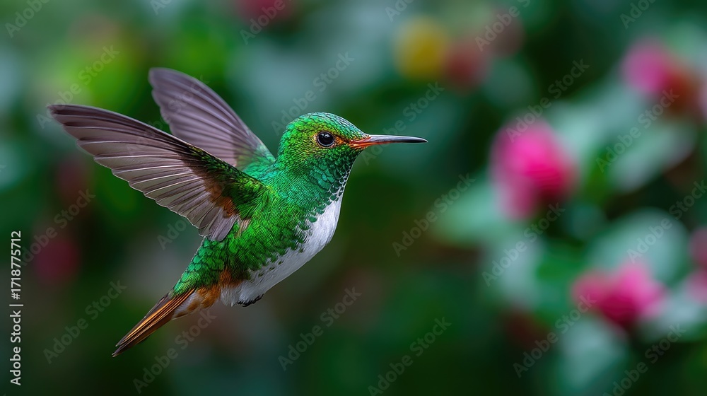 Fototapeta premium Emerald Hummingbird Hovering Midair with Blurred Floral Backdrop Tropical Scene
