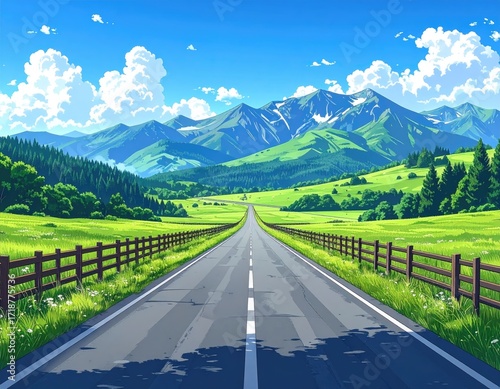 Sunny road through green valley to mountains