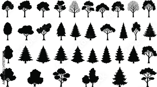 Tree silhouette vector set, black forest illustration, natural plant design, eco friendly graphic, woodland icon, pine tree shape, environmental nature element