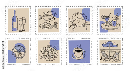Charming collection of stylized stamp-like illustrations featuring delicious food, refreshing drinks, and relaxing beach scenes, perfect for a summer vibe.