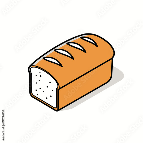 Isometric cartoon illustration of a whole loaf of bread, showing a cut end with a textured interior, on a white background.