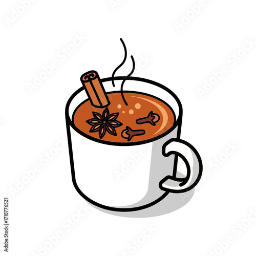 A steaming mug of chai tea with cinnamon stick, star anise, and cloves.