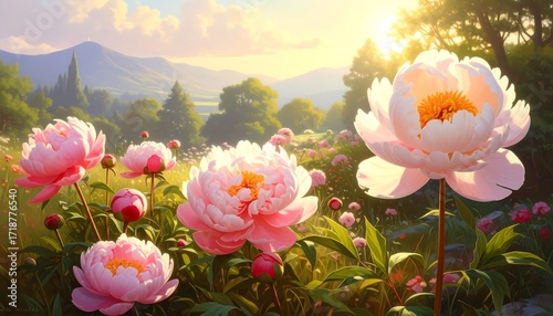 Fototapeta Naklejka Na Ścianę i Meble -  A sunlit meadow of enchanting peonies
