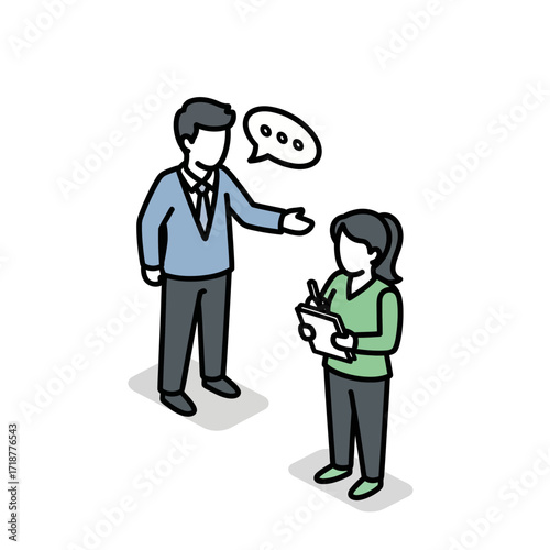 Isometric illustration of a businessman being interviewed by a female reporter taking notes on a clipboard.