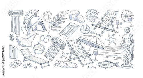 Dreamy Greek vacation aesthetic with ancient ruins, beach chairs, and relaxing summer vibes, perfect for travel blogs and Mediterranean lifestyle content