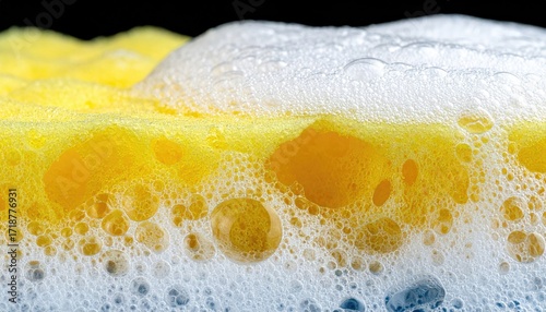 Yellow sponge, soapy foam bubbles