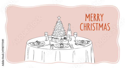 Festive Christmas dinner table setting with wine, gifts, and a tree creating a warm and inviting holiday atmosphere perfect for seasonal celebrations