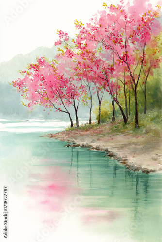 Watercolor painting of spring landscape with pink blossoming trees reflected in a tranquil river