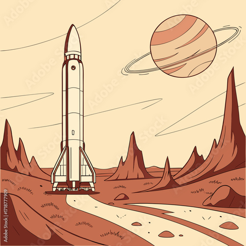 Vector art of a retrostyle rocket stands poised on a martian landscape, ready for launch, with a ringed planet looming in the background, symbolizing space exploration and the allure of distant worlds