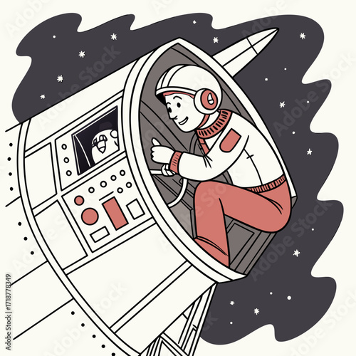 Vector art of a whimsical illustration showcases an astronaut piloting a spaceship through a starfilled cosmos, with a curious sheep peering from a window, all rendered in a charming, handdrawn style