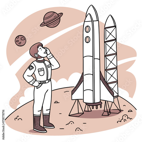 Vector art of an astronaut stands near a rocket on a planet with a moon and a ringed planet in the background, looking up in awe, in a stylized illustration on a light background