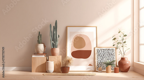 Modern Home Interior with Houseplants, Framed Art, and Natural Sunlight