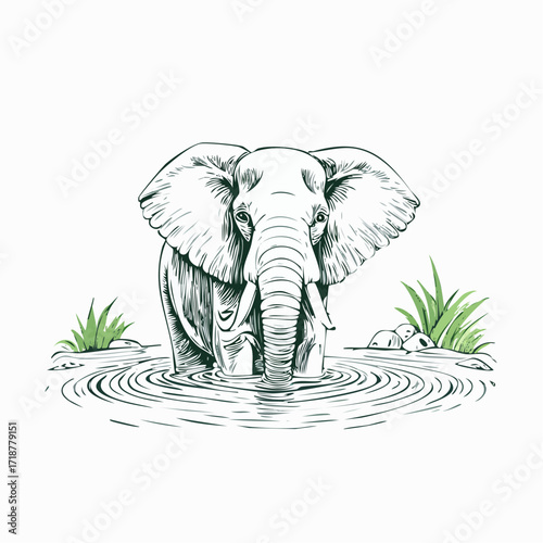 Elegant vintage sketch illustration of a majestic elephant standing gracefully in calm water, evoking the serene beauty of wildlife and the natural world's tranquility
