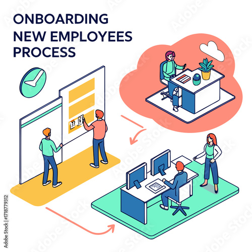 Vector art of onboarding new employee process vector illustration isometric onboarding new employee process stages customer journey stages onboarding new employee process with icons