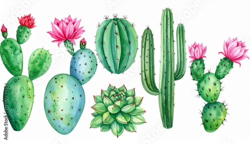 Vibrant watercolor illustration set featuring various spiky cacti, succulents, and pink blossoms, ideal for nature-themed designs.