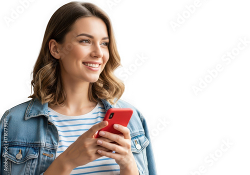 Young woman smiling while holding a red smartphone, isolated on transparent background