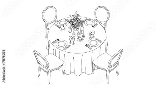 Elegant round dining table ready for a feast, showcasing fine dining setup with linens, flowers, glassware, and silverware for a special event or celebration