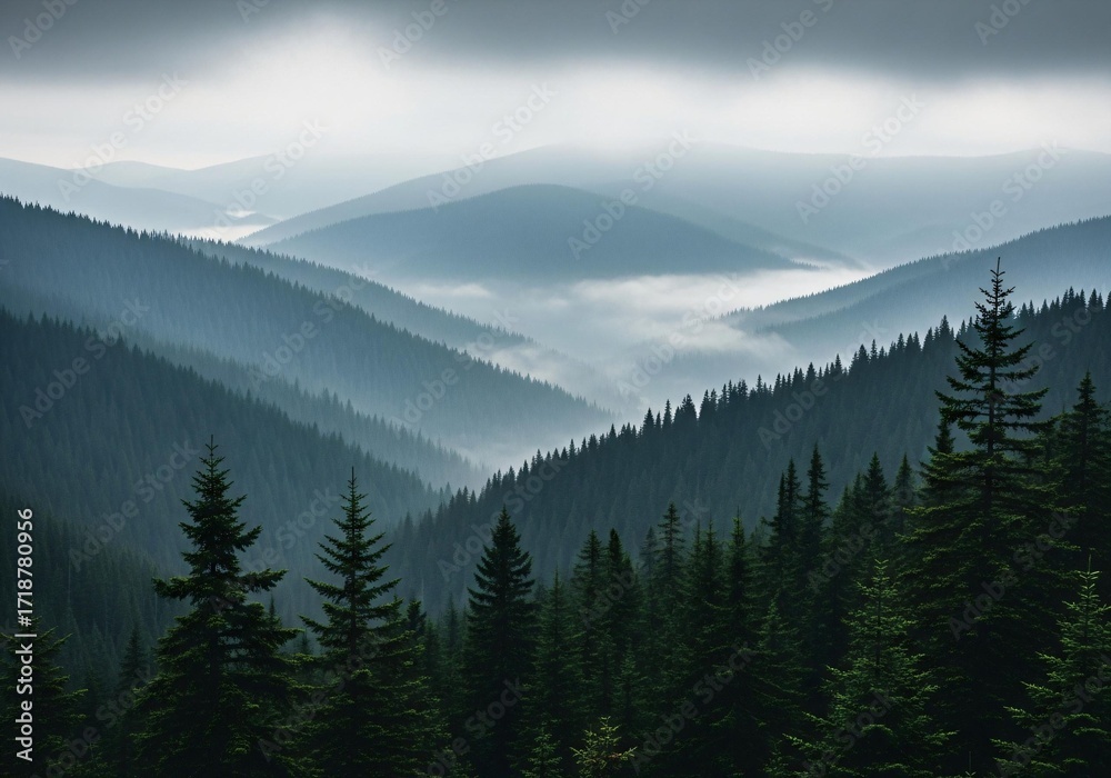 Fototapeta premium Serene mountain landscape with misty forest views