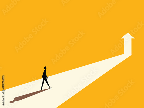New Growth. Businessman walks out the door arrow grows


