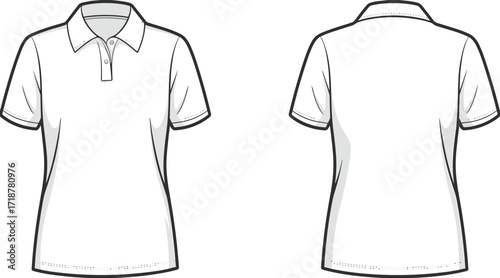 Women’s polo shirt template, short sleeve casual apparel, collar design fashion mockup, blank clothing vector, front and back illustration