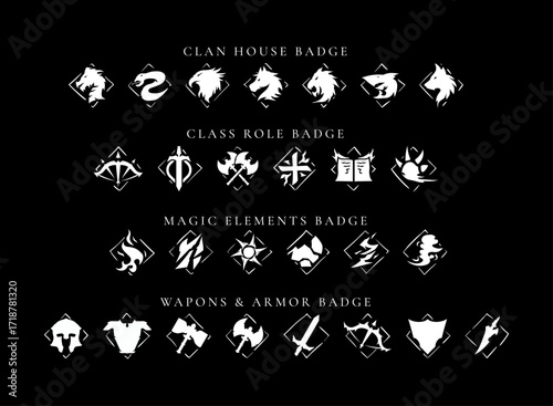 Fantasy RPG Badge Icons Set – Clan House Crests, Class Role Emblems, Magic Elements Symbols, and Weapons Armor Badges for Medieval Game UI Vector Design