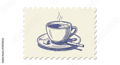 Vintage sketch of coffee cup, sugar, and cigarette offers a nostalgic, artistic touch for cafe menus, vintage posters, or retro-themed designs