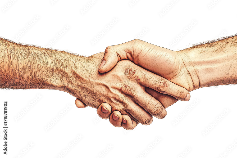 Fototapeta premium Two hands shaking in agreement isolated on transparent background. Hand shaking in agreement isolated on white background.