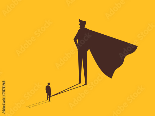 Courage and success. Business with superhero shadow, symbol of superpower

