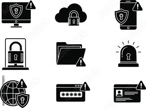 Cyber security alert icons for data protection and privacy