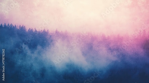 misty forest landscape fades into Pink and Purple Sky horizon View