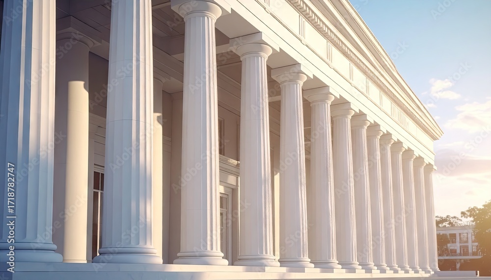 Obraz premium Grand White Marble Colonnade Under Blue Sky Architecture with Classical Design and Sunlight Shining Through Trees in Background