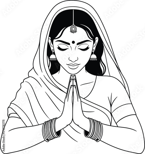 Indian woman praying line art vector illustration design