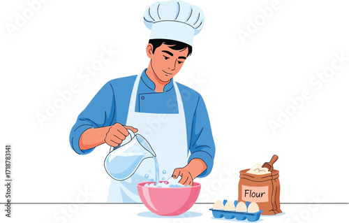 Baking illustration of chef pouring water into mixing bowl