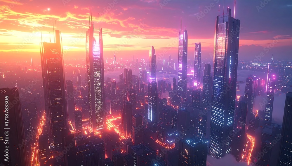 Fototapeta premium Futuristic city skyline at sunset