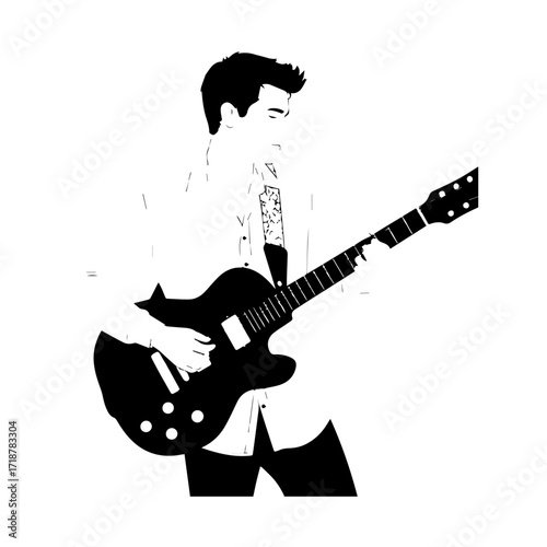 Black and white line art of a cool man playing guitar in casual outfit minimalist stylish illustration