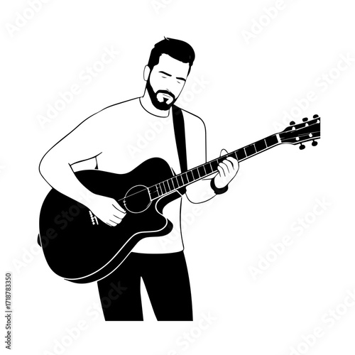 Black and white line art of a cool man playing guitar in casual outfit minimalist stylish illustration