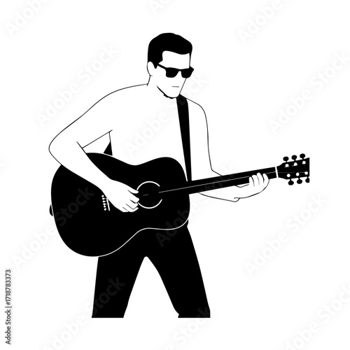 Black and white line art of a cool man playing guitar in casual outfit minimalist stylish illustration