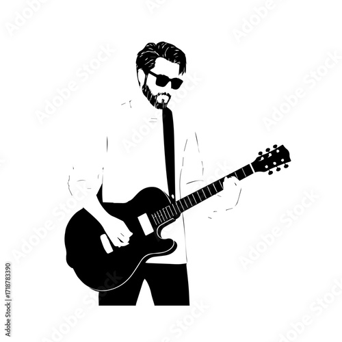 Black and white line art of a cool man playing guitar in casual outfit minimalist stylish illustration
