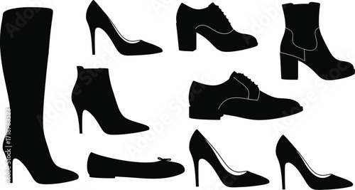Black shoes collection fashion footwear silhouettes set