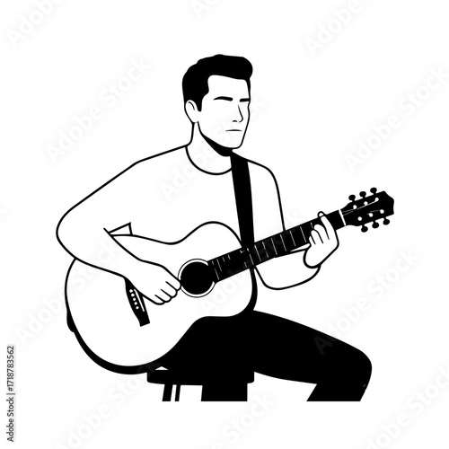 Black and white line art of a cool man playing guitar in casual outfit minimalist stylish illustration