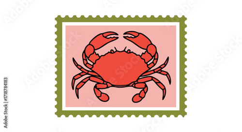 Vibrant coral crab illustration on a vintage postage stamp design, perfect for seafood branding and nautical themes