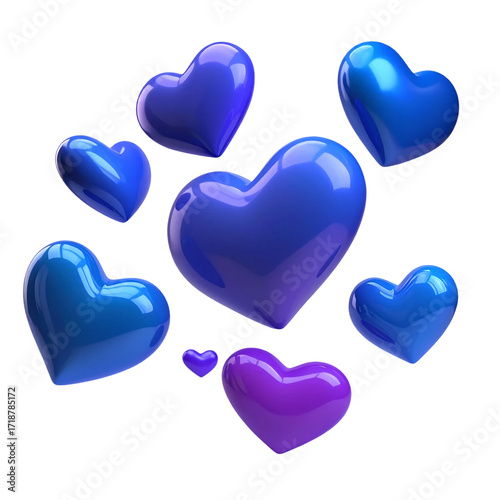 flying blue and purple hearts 3d render icon isolated on white and transparent background