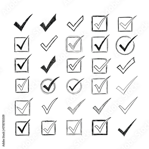 Vector illustration of illustration of collection of handdrawn check marks and checkboxes