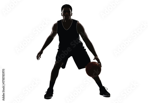 Vector illustration of illustration of silhouette of a basketball player dribbling isolated on white