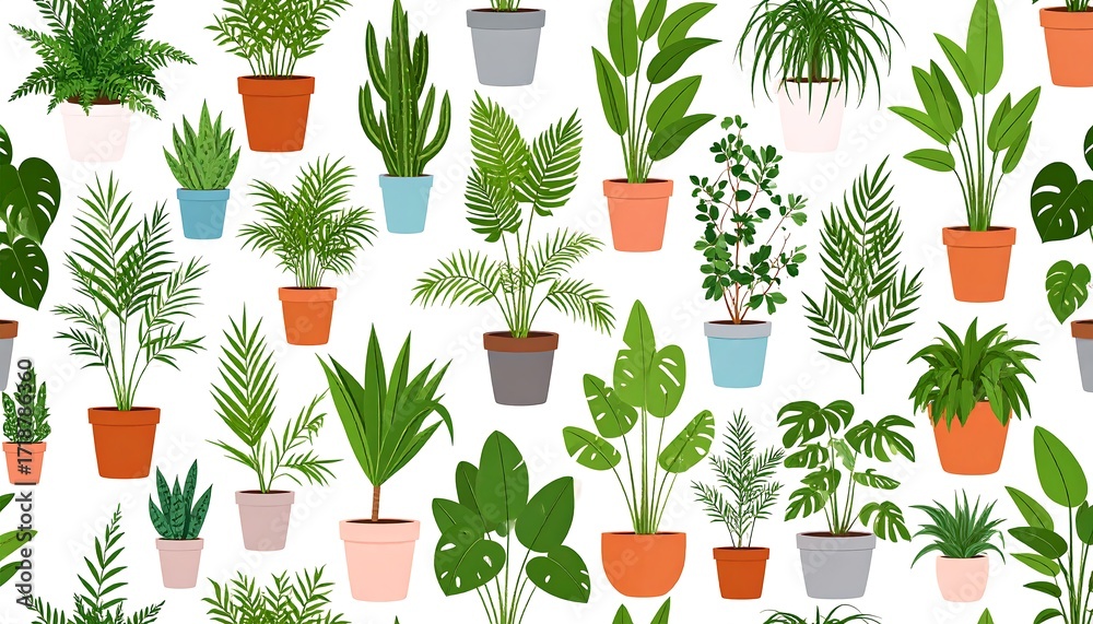 Collection of various potted houseplants in a seamless pattern.