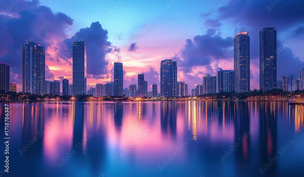 Fototapeta premium Beautiful city skyline at dusk with reflection in water, tall buildings and clouds against purple sky, urban landscape and serene atmosphere