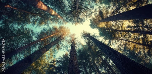 Looking Up at the Majestic Trees With A Sense of Wonder and Forest Theme.