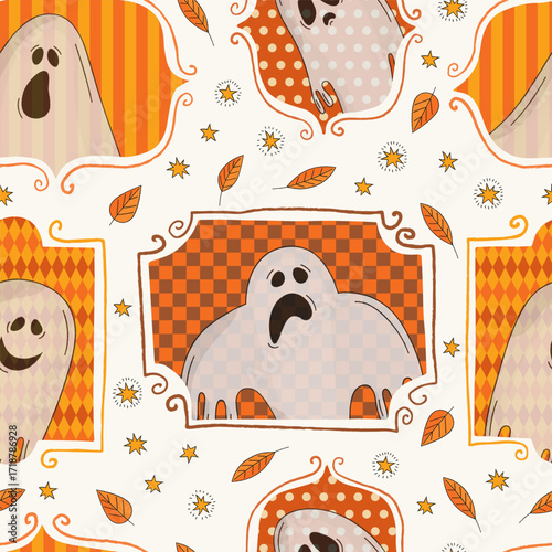 Ghosts cute portraits seamless pattern. Yellow stars and autumn leaves on light background. Halloween background for textile, wallpaper, wrapping paper, packaging design, party decorations.